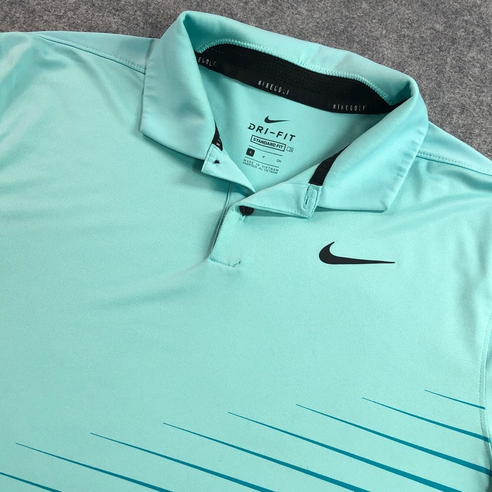 Nike Golf Mens Polo Shirt Small Aqua Blue Dri-FIT Striped Standard Fit Polyester